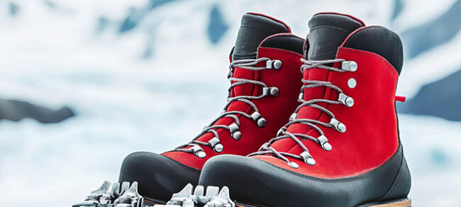 Symbolisches Bild von Winterwanderschuhen mit überdimensionierten Spikes passend zum Thema der Meet Swiss Infosec im Januar 2026: Sicherheit in Zeiten von Unsicherheit