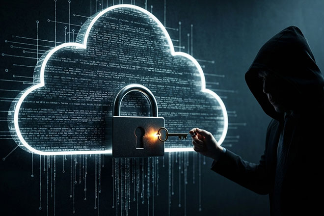 Illustration eines Angreifers, der mittels Schlüssel versucht das Sicherheitsschloss der Cloud zu knacken. Thema: Microsoft 365 Cloud Security - Swiss Infosec AG